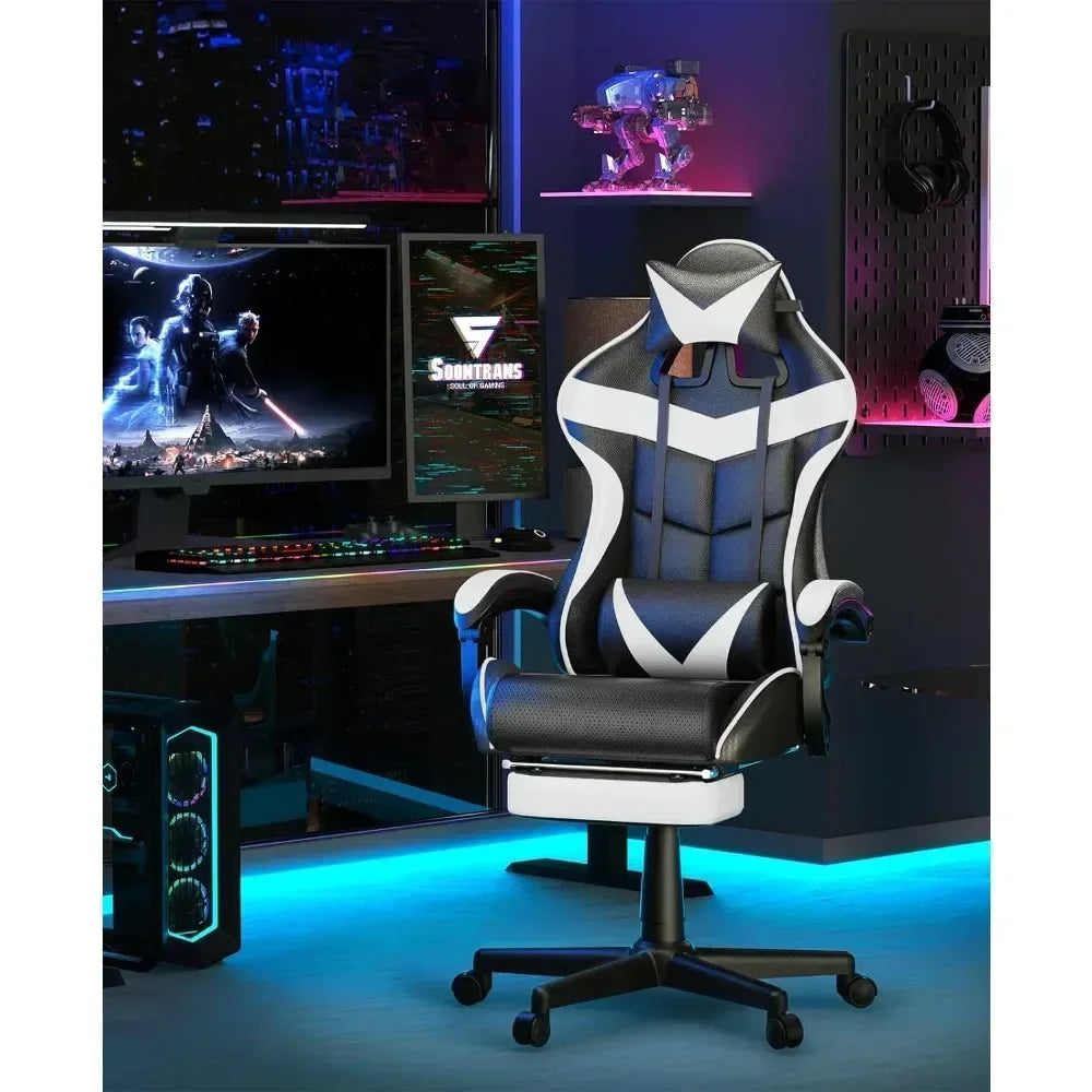 Reclining Chair Office (Polar White) Ergonomic Gamer Chair With Headrest Video Game Chairs