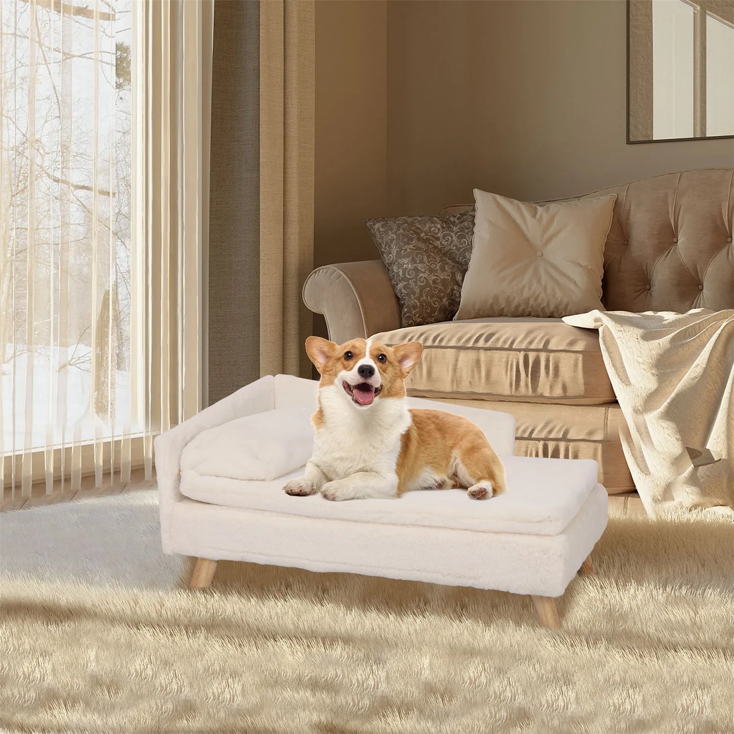 Elevated Pet Bed,Nordic Pet Stool Bed with Cozy Pad Waterproof,Pet Sofa Bed w/Sturdy Wood Legs