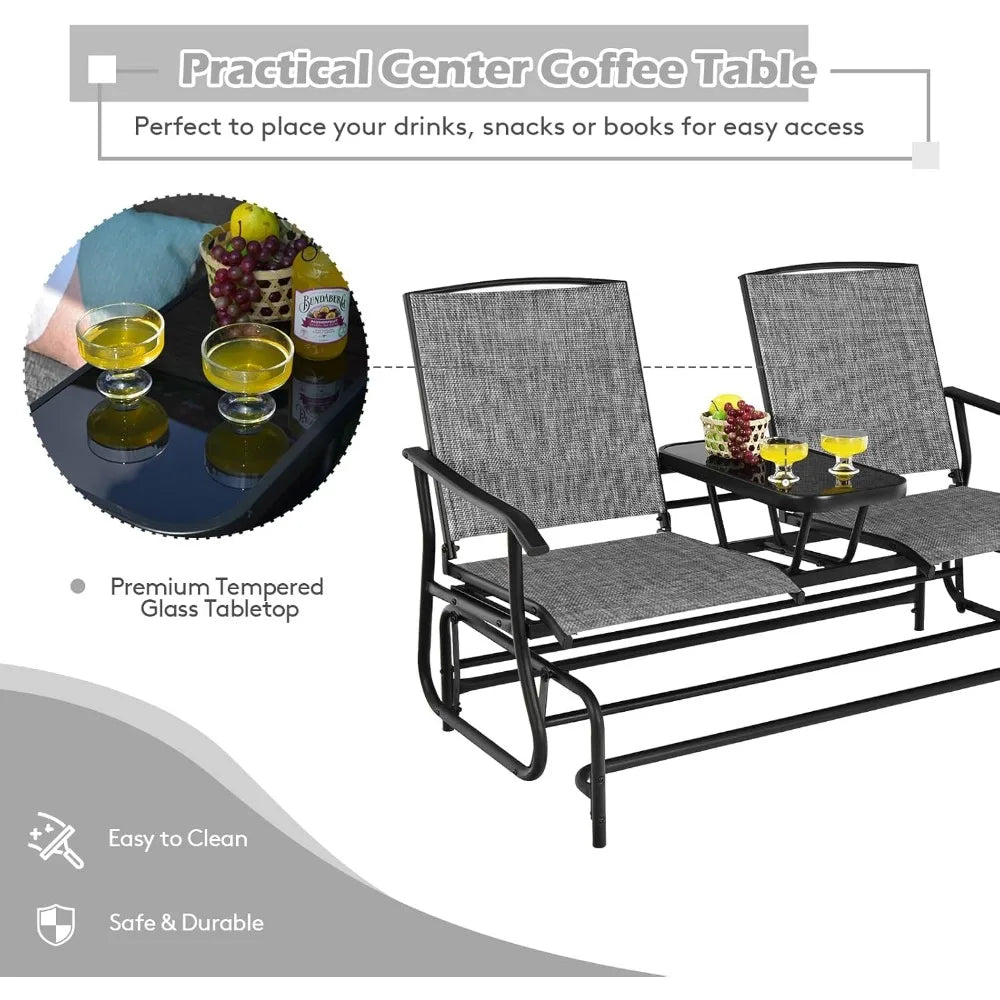 Glider Chair, Patio Rocking Loveseat w/Center Tempered Glass Table, Swing Bench w/Steel Frame for 2