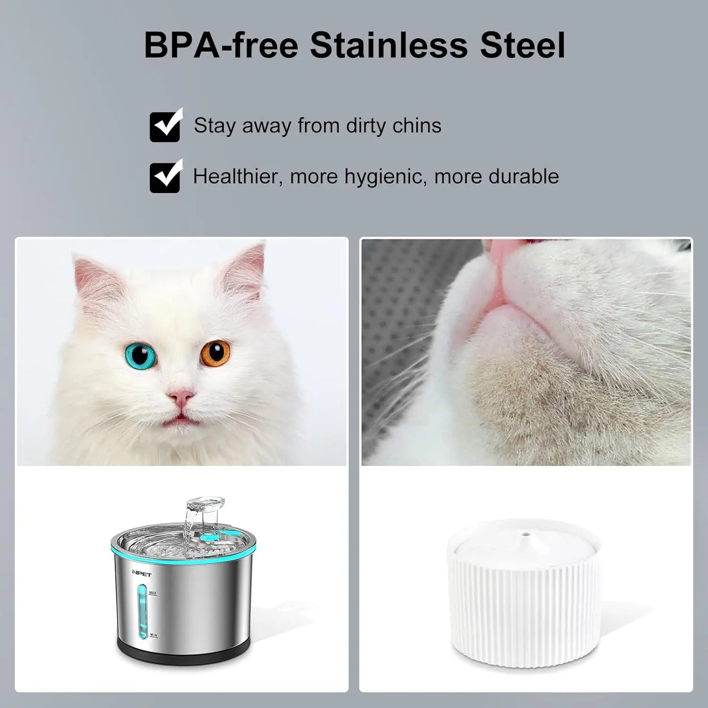 NPET Cat Water Fountain Stainless Steel, 50oz/1.5L Dishwasher Safe Pet Water Fountain