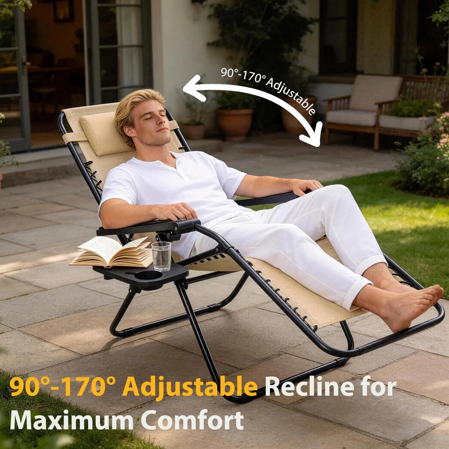 JHK Portable Zero Gravity Recliner Chairs Set of 2 Outdoor Garden Folding Lounge Chair Cup Holder