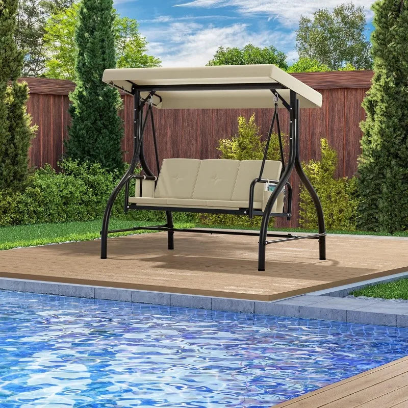 Porch Swing Bed 3-Seats Heavy Duty Swing Chair with Adjustable Canopy Removable Cushion