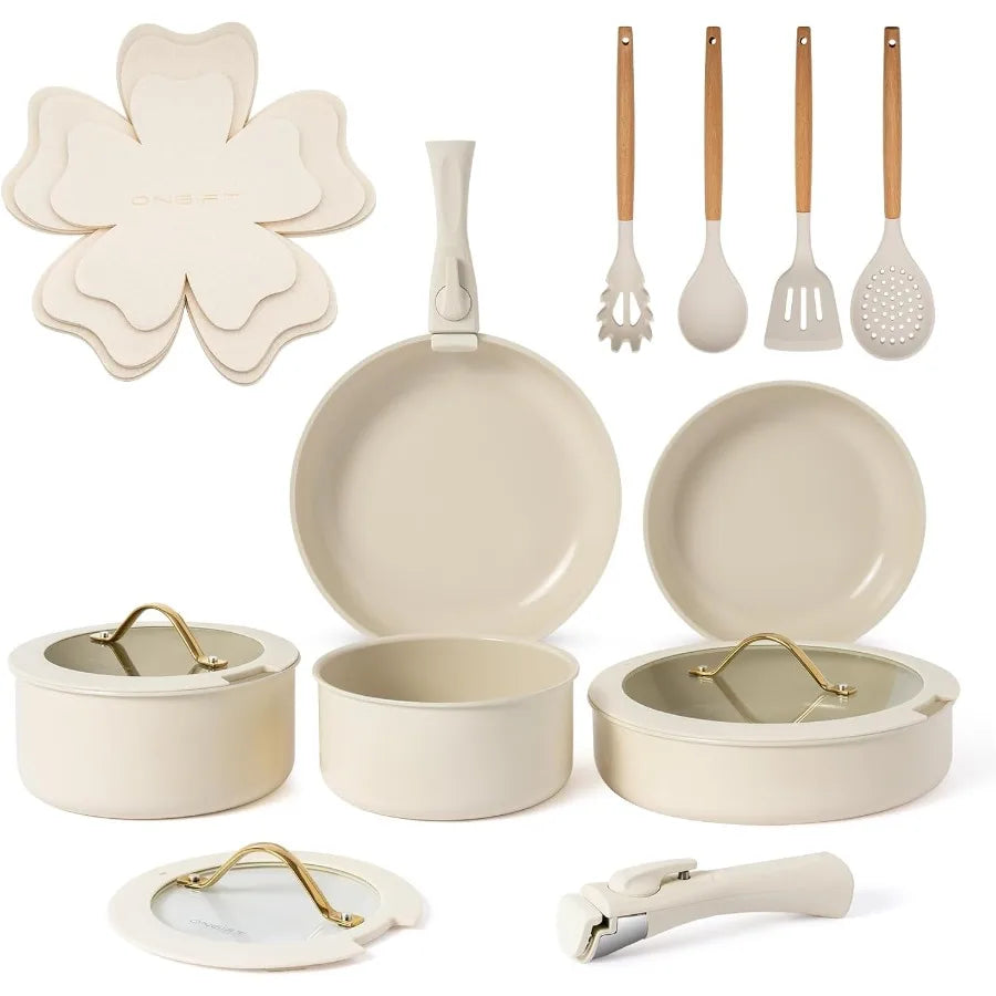 20pcs Ceramic Cookware Set Nonstick Detachable Handle Pots and Pans Set RV Kitchen Set