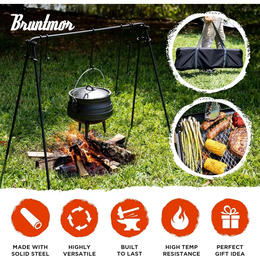 Grill Swing Campfire Cooking Stand for Cookware & Dutch Oven Adjustable Collapsible Legs & Hooks