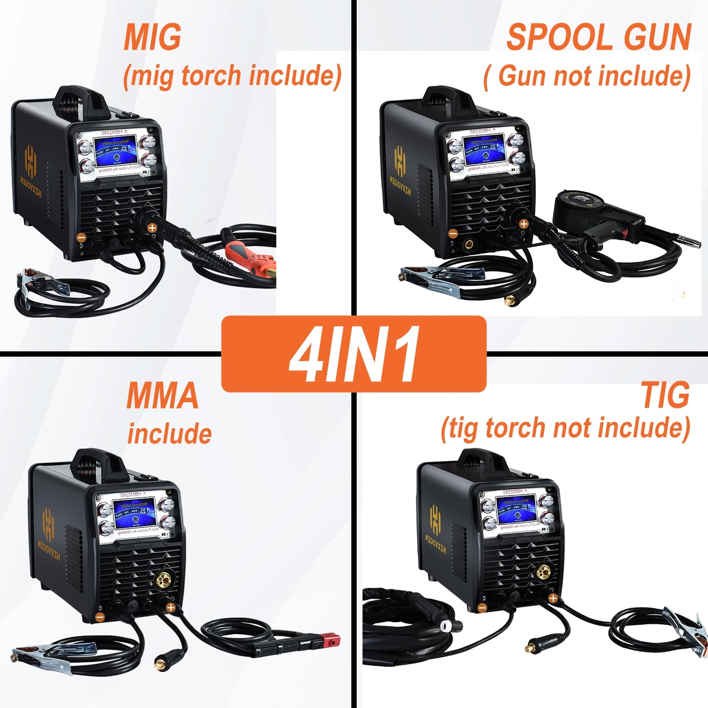 HZXVOGEN 4 In 1 HBM2280 200A Synergy Inverter Welder Gasless Gas MIG Aluminum ARC MMA Tig Tools