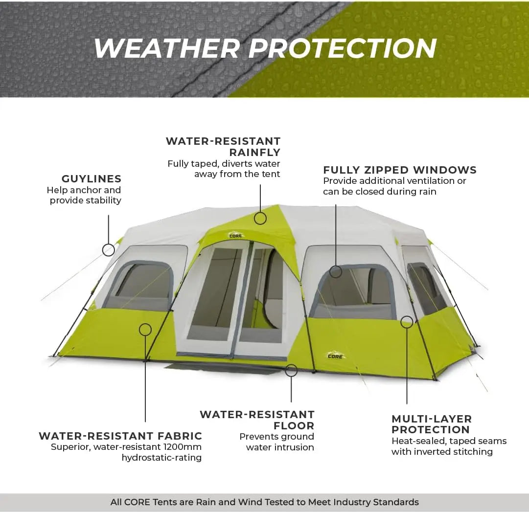 CORE 12-person instant cabin tent with 3 rooms and storage pockets, portable and sets up in 2 min