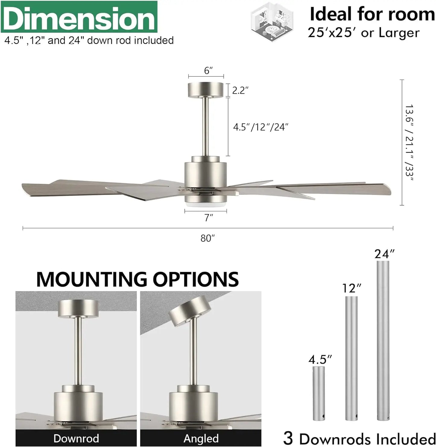 80" DC Ceiling Fan W/ Lights & 3 Downrods, Large Ceiling Fan, 8 Blades, 6-Speed Reversible DC Motor