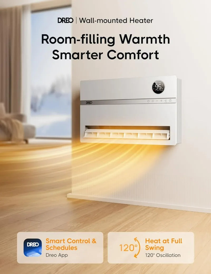 Dreo Smart Wall Heater, Electric Space Heater for Bedroom 1500W, 120° Vertical Oscillation, Adjustable Thermostat Remote Control