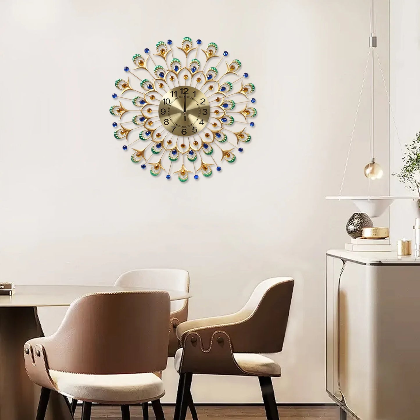 Peacock Feather Wall Clock 24" Gold, Silent Quartz Movement Large Clock, Modern Artistic Wall Decor