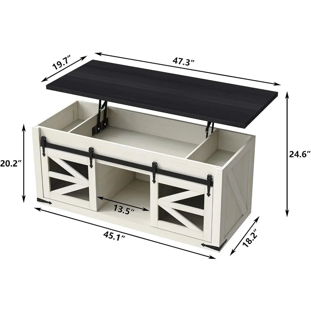 47.3FT Lift Top Coffee Table w/Barn Door, Center Table w/Storage, Modern Antique Rectangular