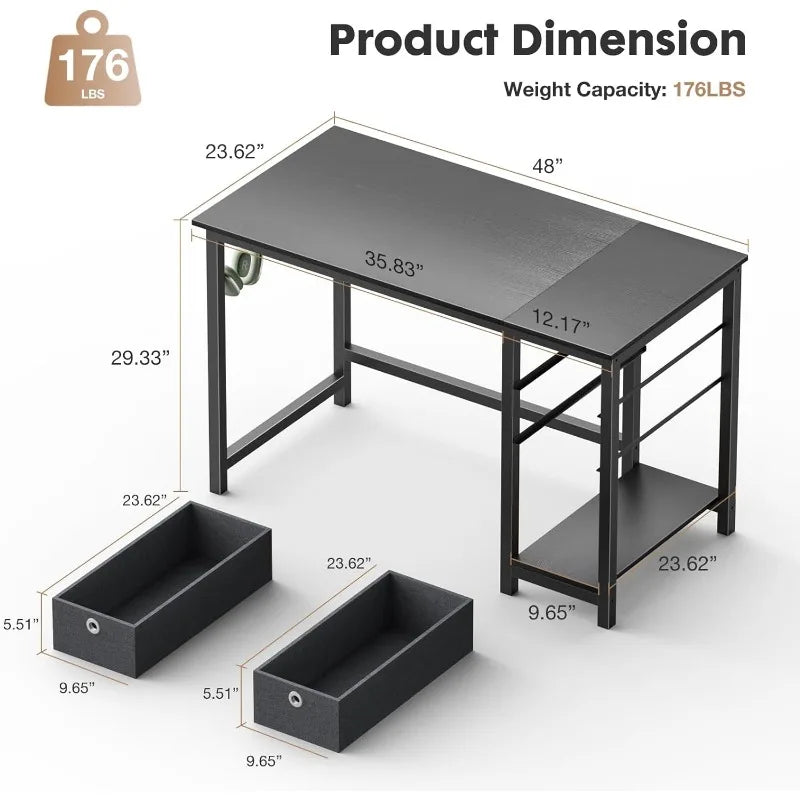 Computer Desk with Drawers 48 Inch Office Bedroom Kids Writing Work Study 2-Tier Storage Drawer