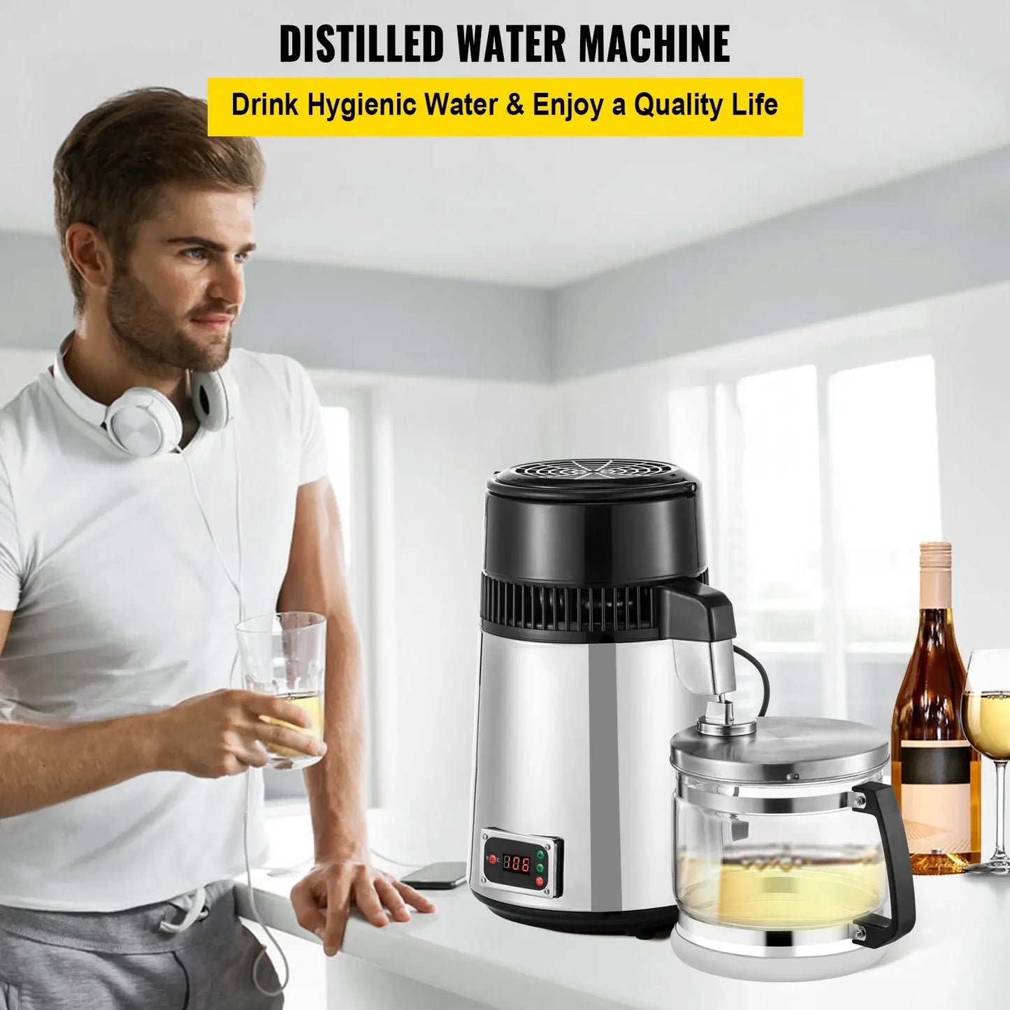 VEVOR Silver Water Distiller Machine 750W Adjustable Temperature Water Distiller 4L