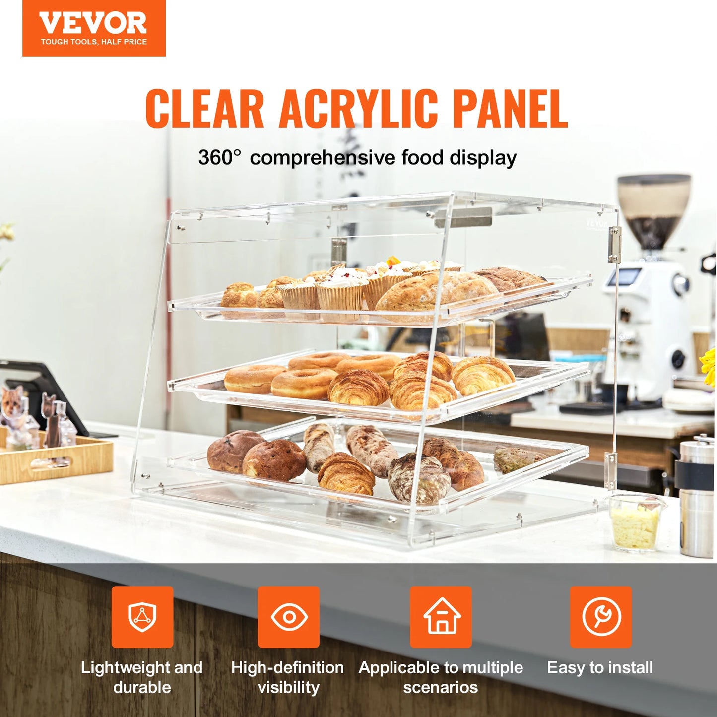 VEVOR 3 Tier Pastry Case Acrylic Commercial Countertop Bakery Display Case w/ Front and Rear Door