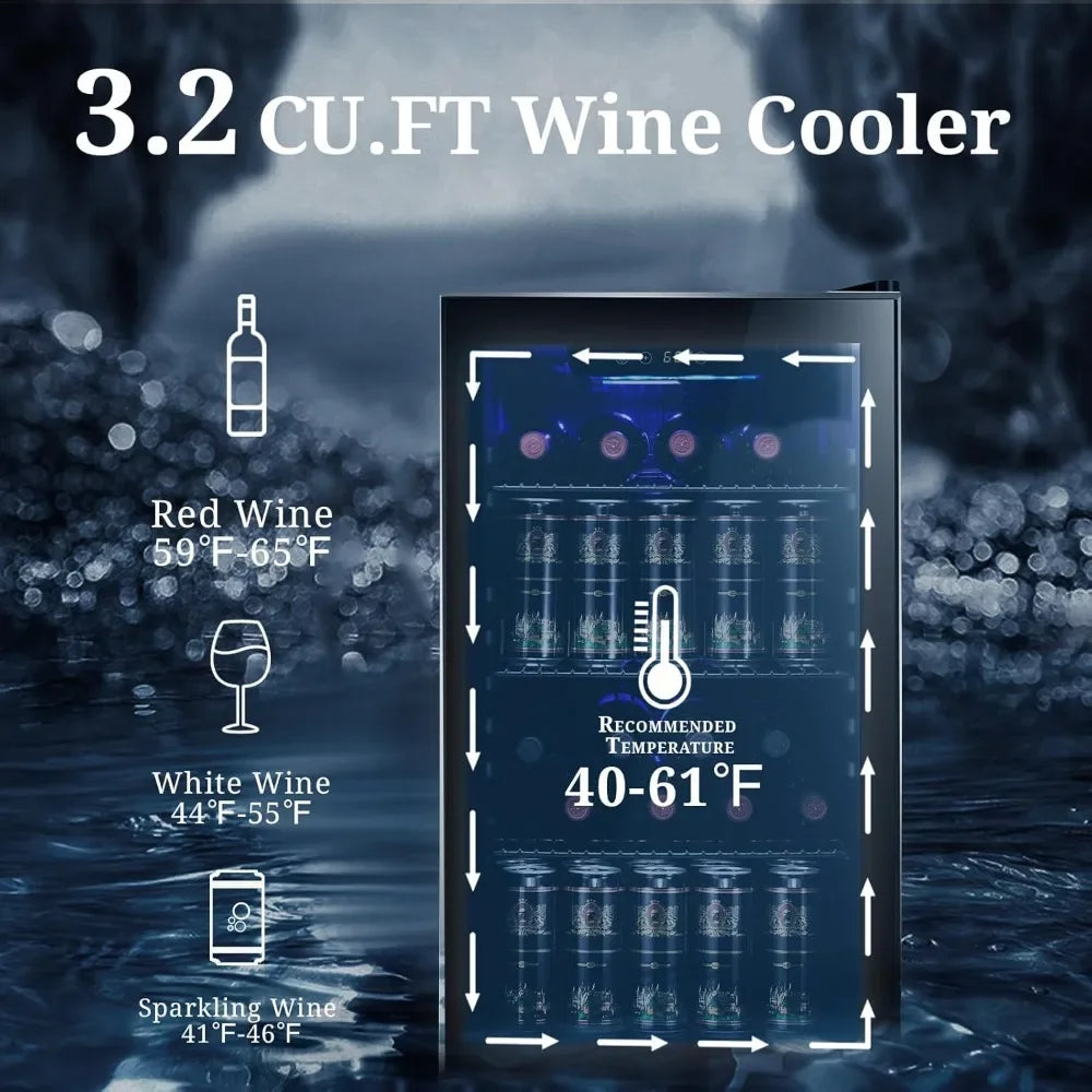 Wine Refrigerator, 26 Bottle 125 Can, Glass Door Quiet Compressor Freestanding, 3.2Cu.ft Mini Fridge