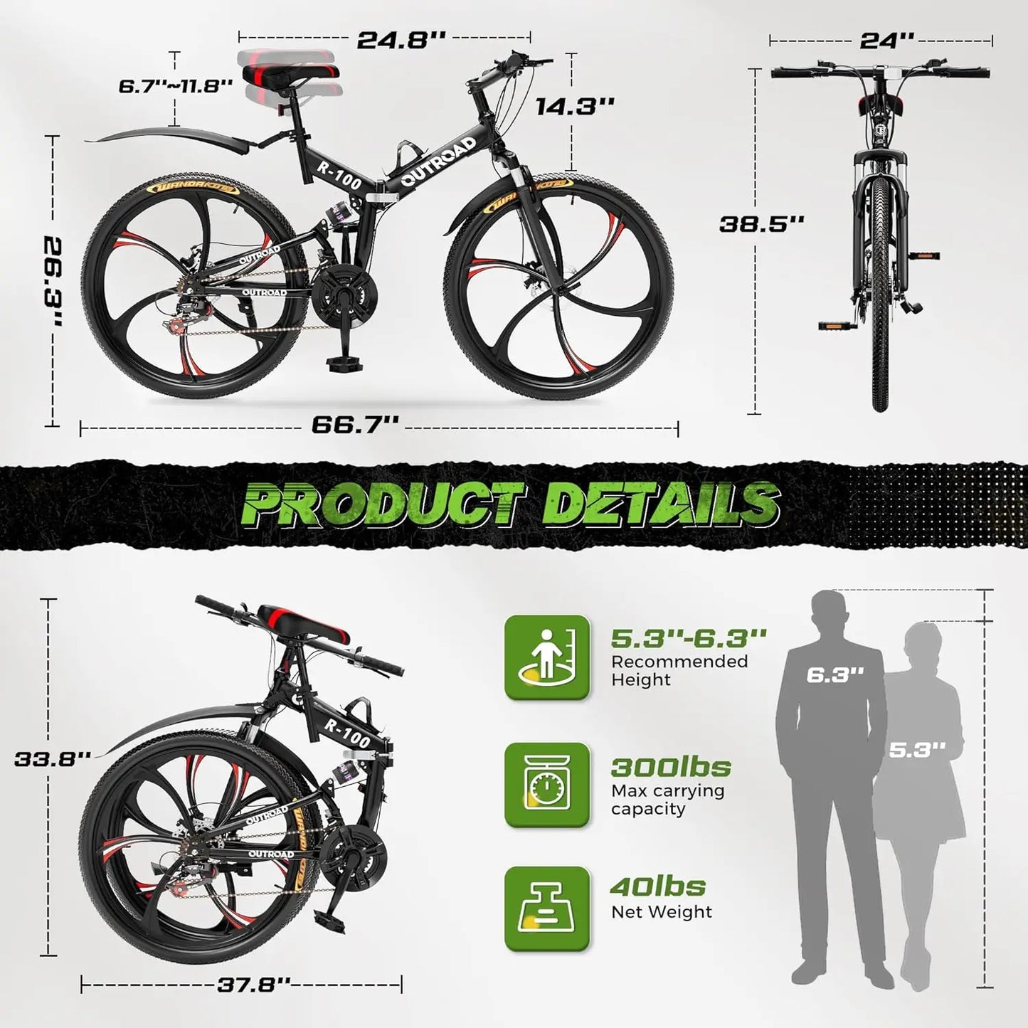 26 Inch Folding Mountain Bike,Full Suspension High-Carbon Steel Foldable Bicycle, Dual Disc Brake