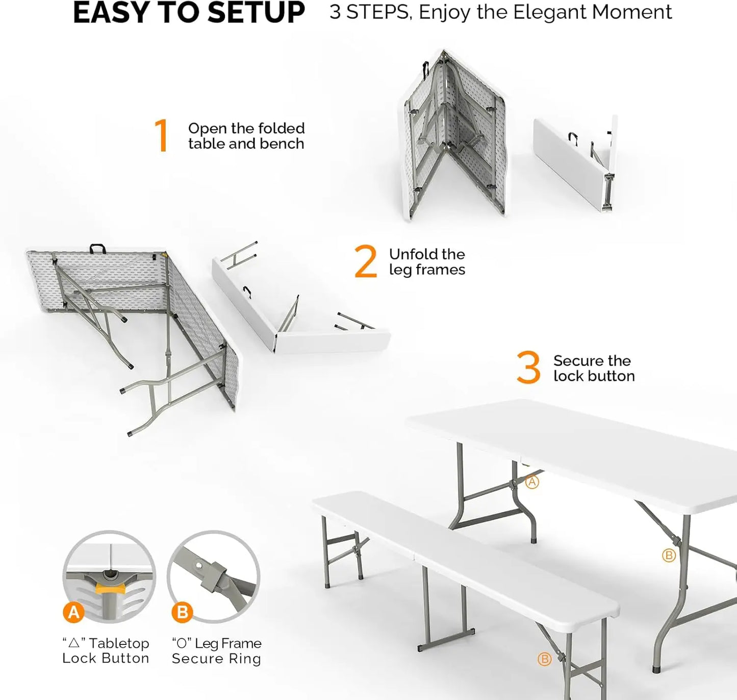 Picnic Table Set with 2 Benches, 6 Feet Camping Table Chair Set,3-Piece Folding Furniture