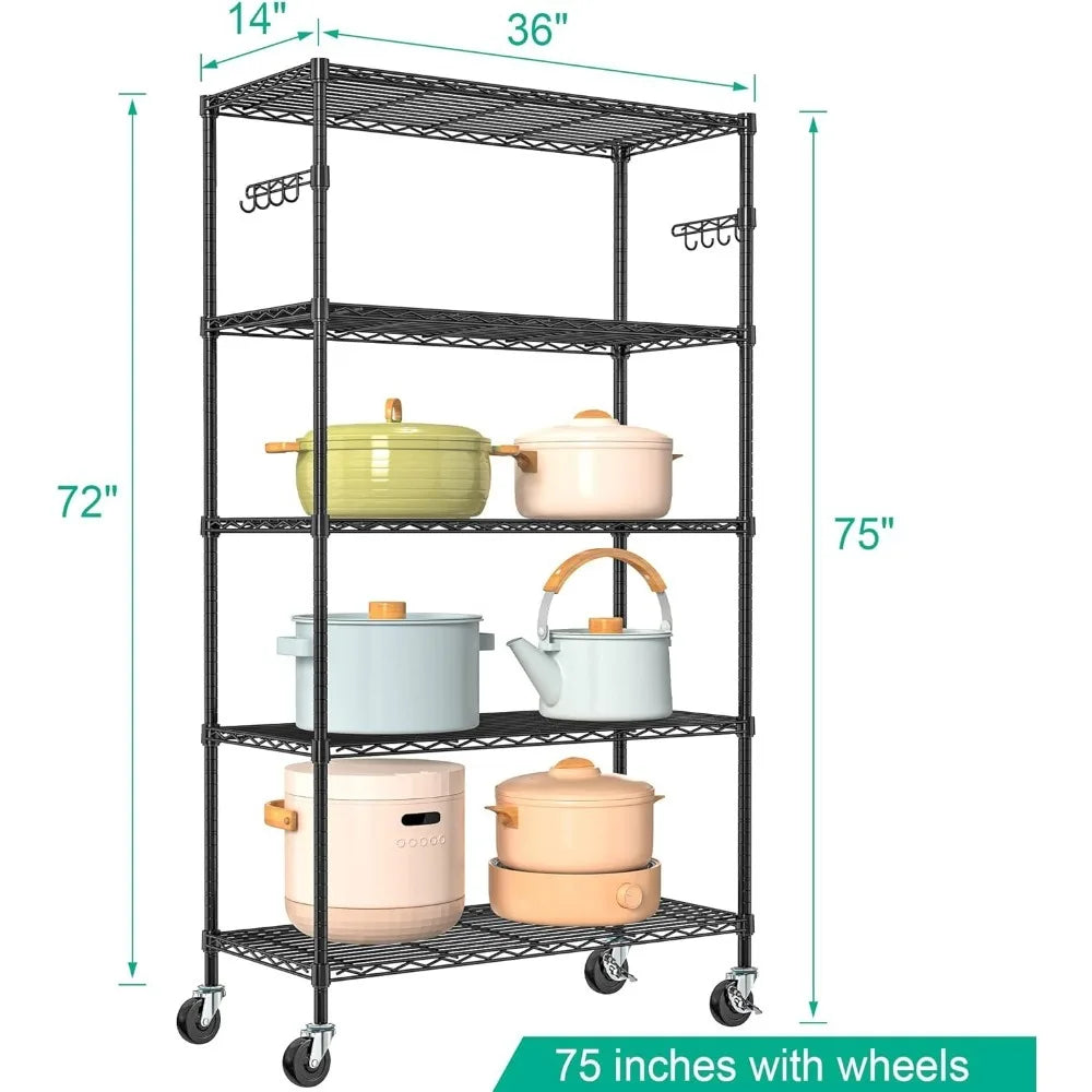 5 Tier Storage Shelves w/Wheels - Metal Shelves for Storage Adjustable Wire Shelving Unit Organizer