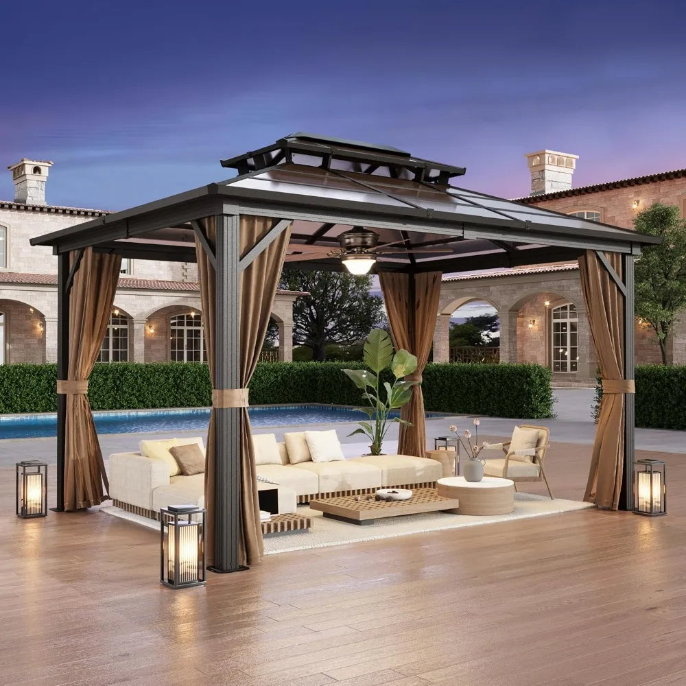 10'x13' Hardtop Gazebo w/Polycarbonate Double Roof, Aluminum Frame Outdoor Gazebo Permanent Pavilion
