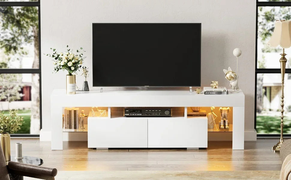 Modern LED TV Stand for Televisions up to 70 Inch w/Glass Shelves and Drawer, Gaming Entertainment