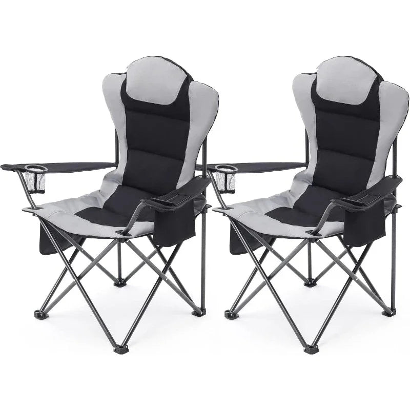 Outdoor Folding Camping Chairs w/ Cup Holder, Cooler Bag, Supports up to 300lbs (2 Pcs, Black)