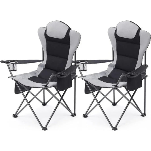 Outdoor Folding Camping Chairs w/ Cup Holder, Cooler Bag, Supports up to 300lbs (2 Pcs, Black)