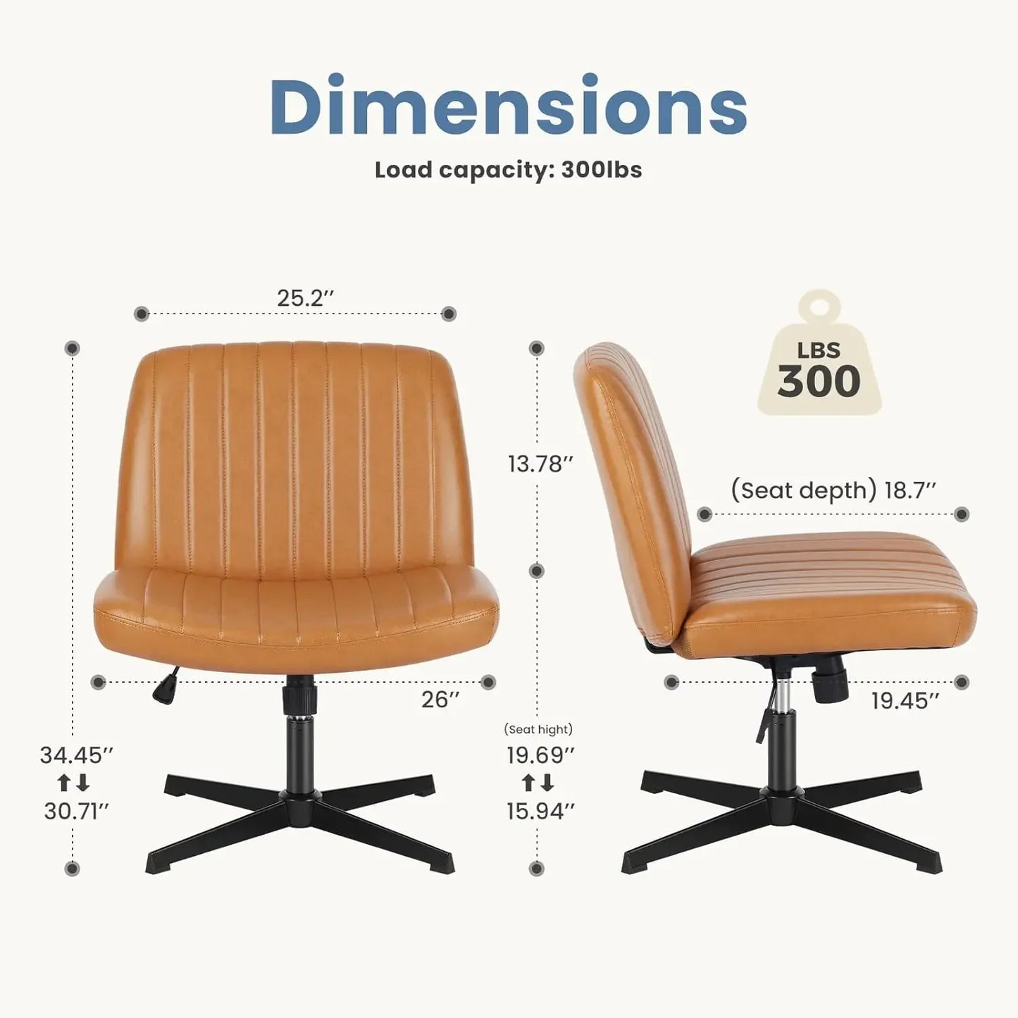 Cross Legged Office Chair, Armless Wide Desk Chair No Wheels, Adjustable Leather Vanity