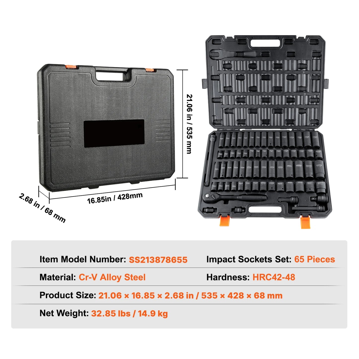 SucceBuy 1/2" Drive Impact Socket Set  6 Point Cr-V Alloy Steel / Easy-to-Read Size Marking