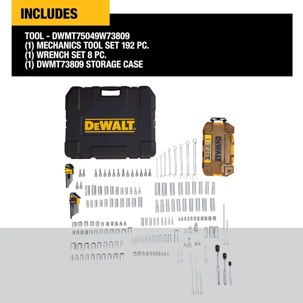 DEWALT Mechanics Tool Set, SAE and Metric, 1/2, 1/4, 3/8 Drive Sizes, 192-Piece, Chrome Vanadium Steel, (DWMT75049)