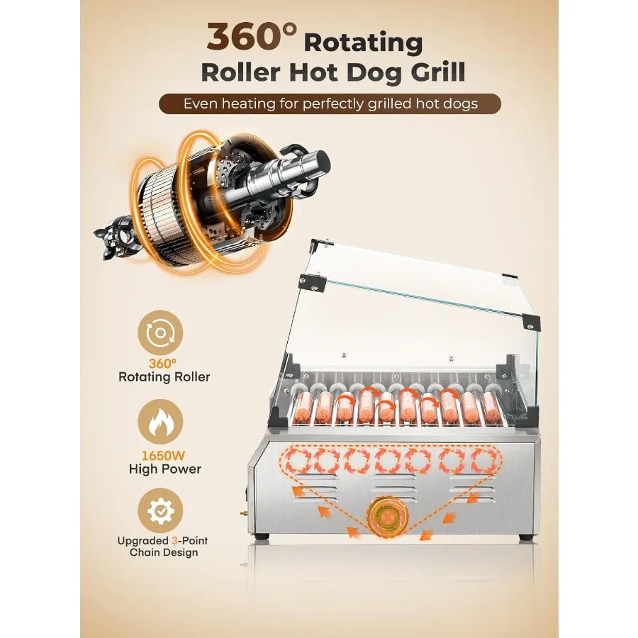 Hot Dog Roller 11 Rollers 30 Hot Dogs Capacity 1650W Stainless Steel Hot Dog Machine Bun Warmer
