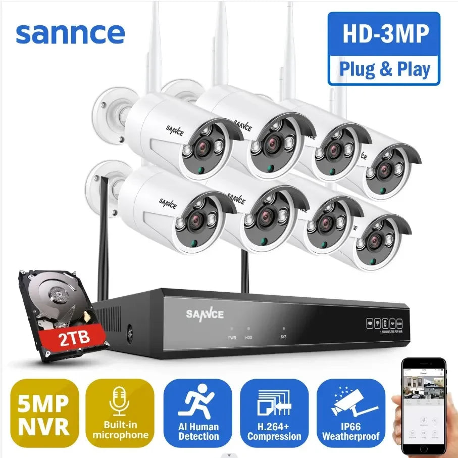 SANNCE 8CH 3MP WiFi NVR 8PCS 2.0MP IR Outdoor Weatherproof CCTV Wireless IP Camera Security Video