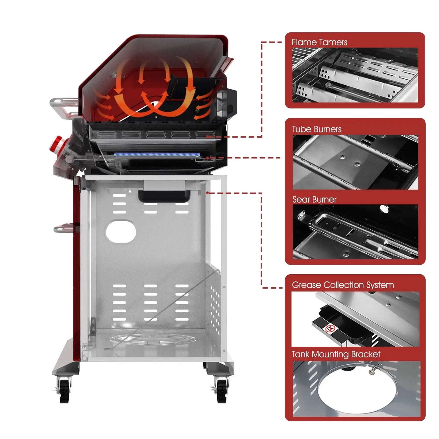 5-Burner BBQ Cabinet Style Gas Grill with Rotisserie Kit Rear Burner Sear Burner