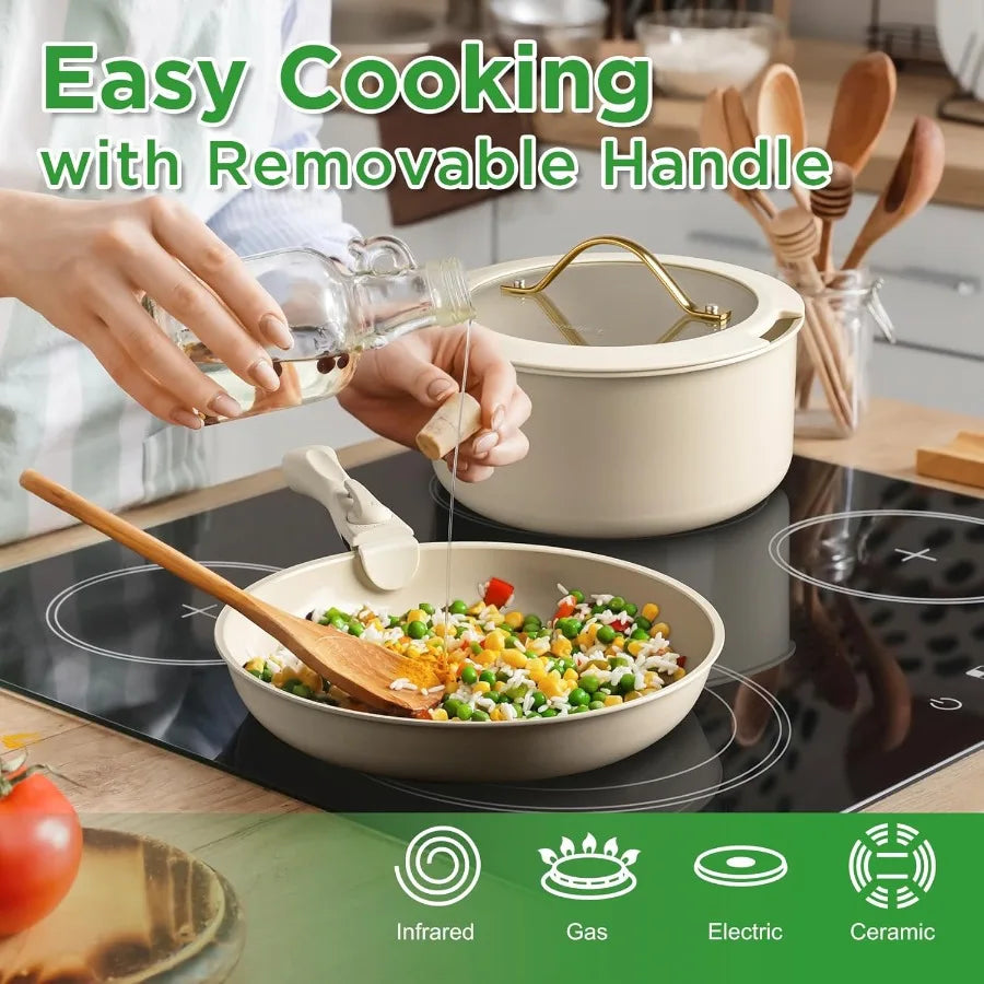 20pcs Ceramic Cookware Set Nonstick Detachable Handle Pots and Pans Set RV Kitchen Set