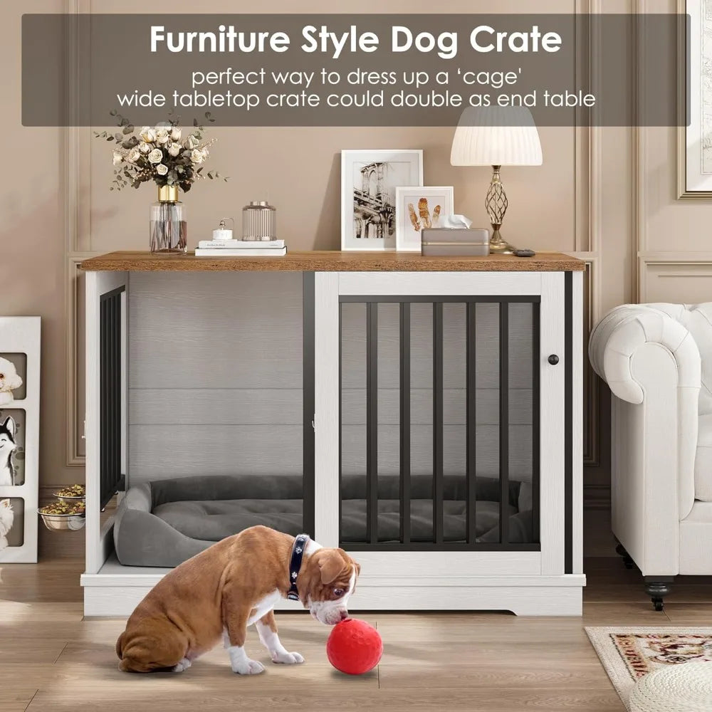 47 Large Dog Crate Furniture, Heavy Duty Dog Kennel Indoor with Sliding Door and 2 Adjustable Bowls