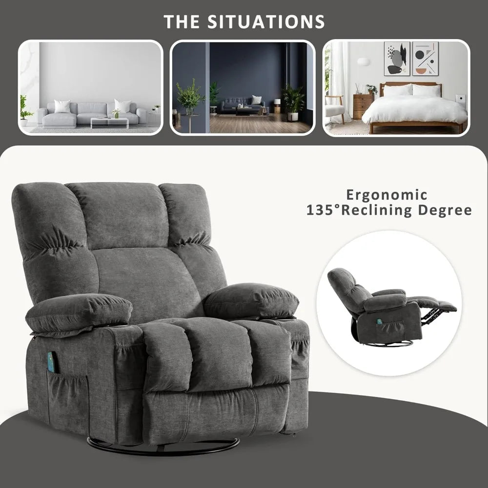 Recliner Chair with Vibration Massage & Lumbar Heating, 360° Swivel Oversized Rocker Recliner /USB