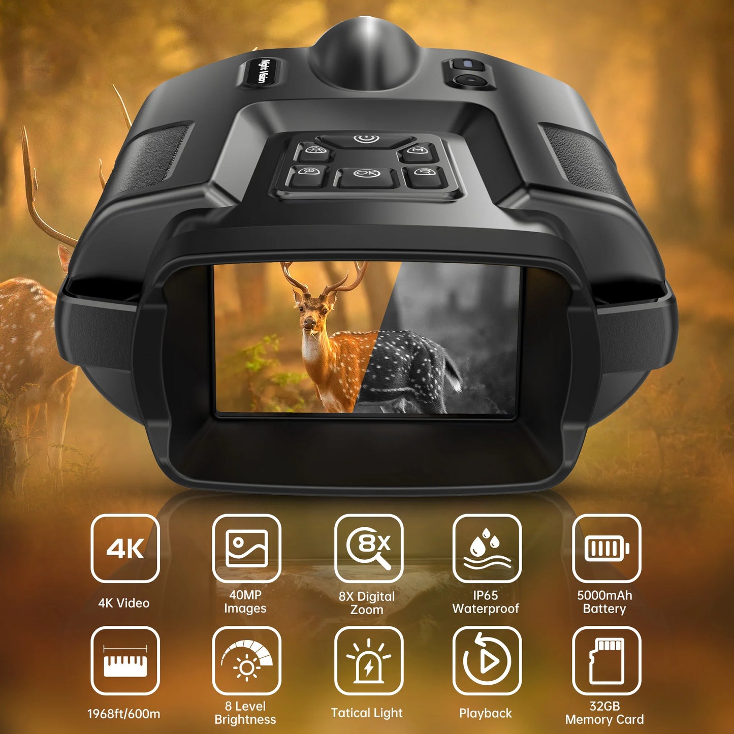 Night Vision Binoculars 4K Infrared 5000mAH Rechargeable 8X Digital Zoom 600 Meters Darkness Goggles