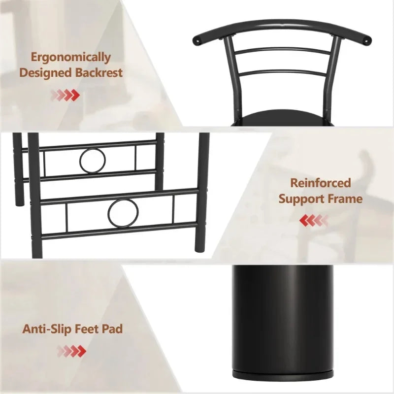 Vineego 3-Piece Small Kitchen Dining Set for 2 Black Wooden Table/Chairs Space Saving Breakfast Set