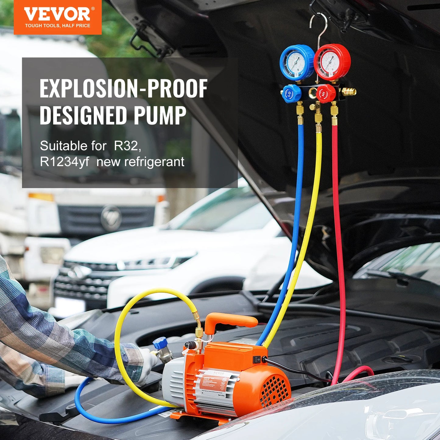 VEVOR 3.5/4CFM Single Stage Rotary Vane HVAC Air AC Vacuum Pump & A/C Refrigerant Manifold Gauge Set