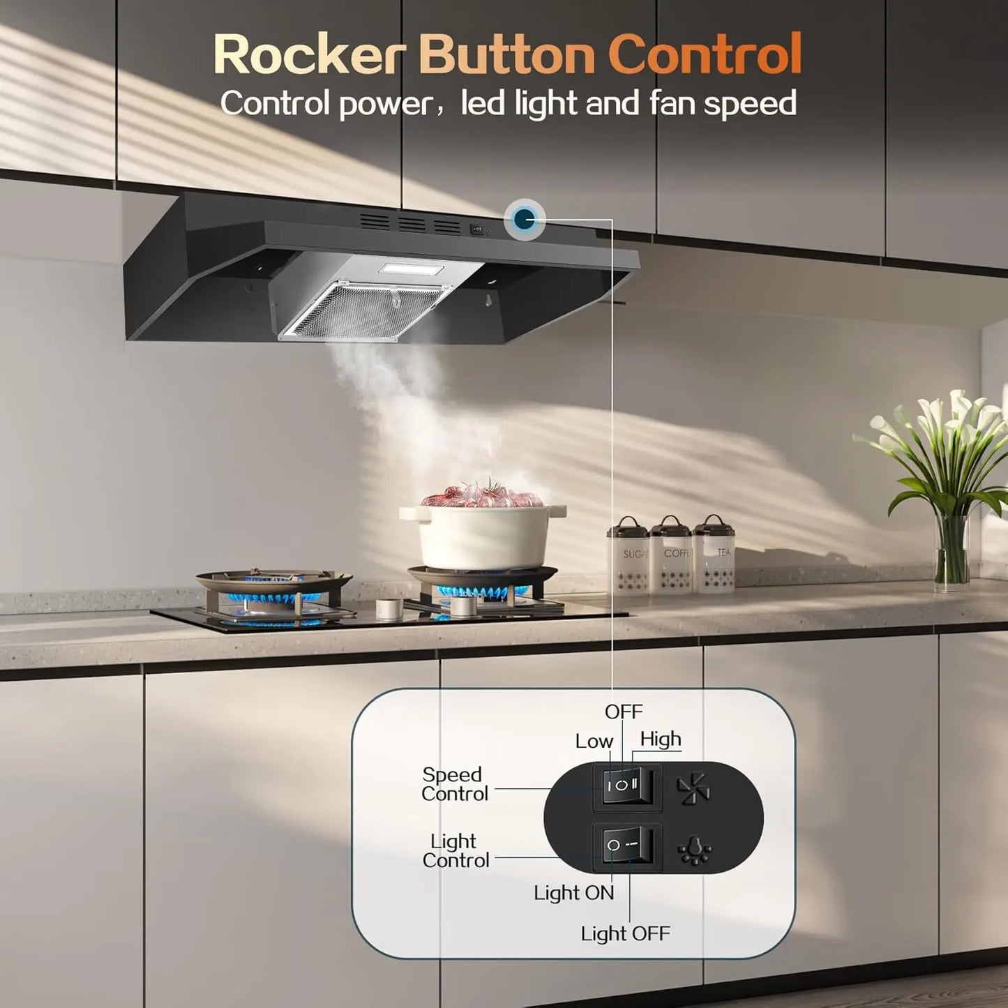 24 inch Under Cabinet 280CFM Black Ducted/Ductless Kitchen Stove Vent with 2 Speed Fan LED Bulb