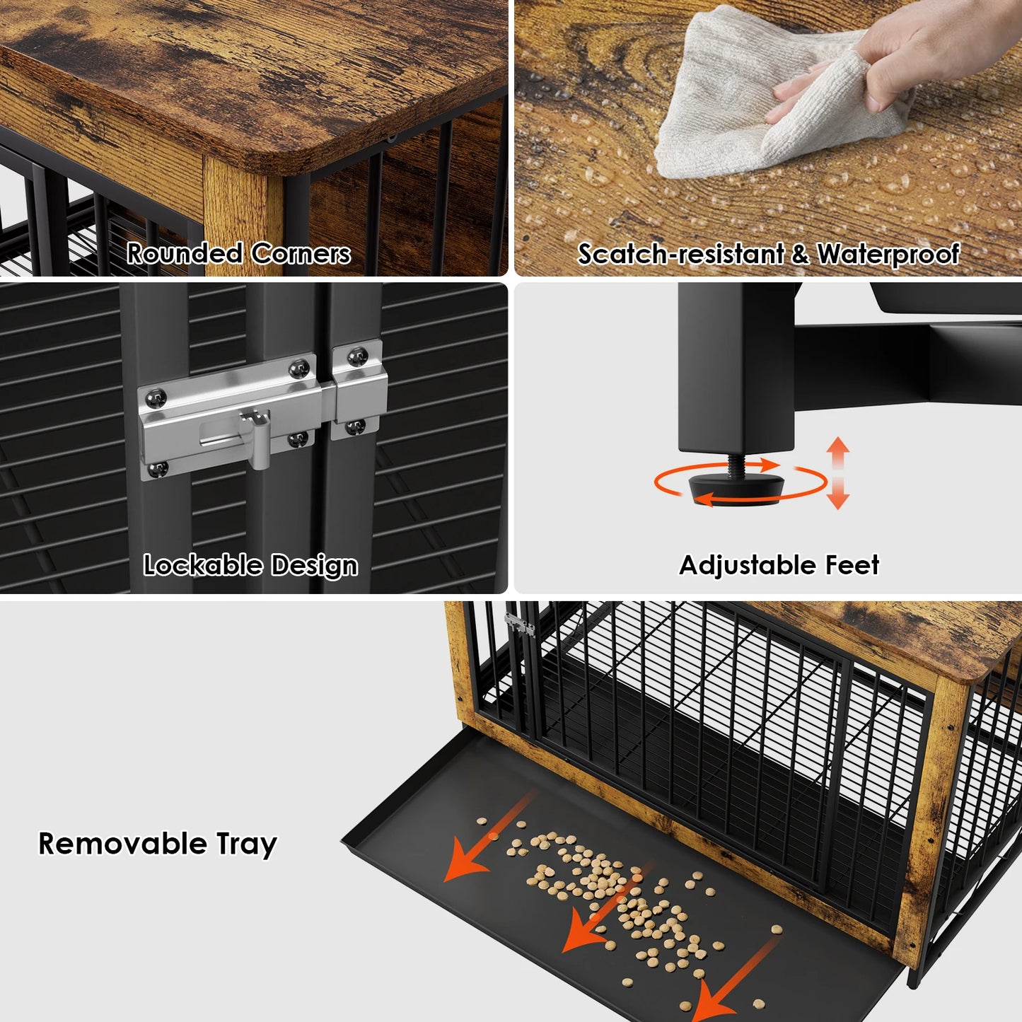 AOOU Furniture Style Dog Crate w/2 Bowls, Wooden End Table, Adjustable Feeder, Removable Tray