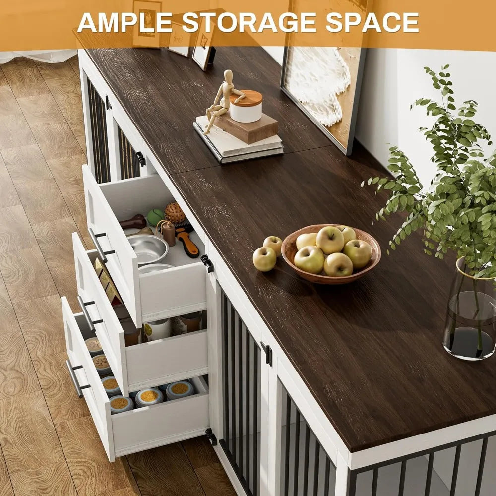 94.5" Large Dog Crate Furniture/2 Dogs, Double Wooden Dog Kennel Furniture/4 Dog Bowls & 3 Drawers