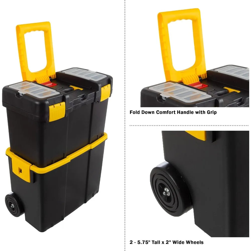 Portable Tool Box with Wheels - w/Fold-Down Comfort Handles, Removable Storage Trays, Black/Yellow