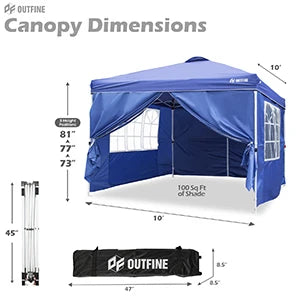 OUTFINE Patio Canopy 10'x10' Pop Up Commercial Instant Gazebo Tent, 4 Removable Sidewalls, Stakes x8