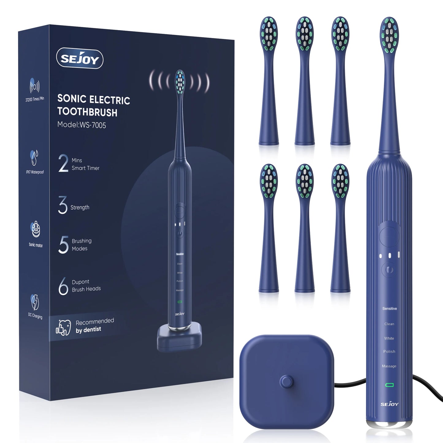 Sejoy Sonic Rechargeable Electric Toothbrush 8 Brush Heads Wireless Charging 5 Modes Smart Timer