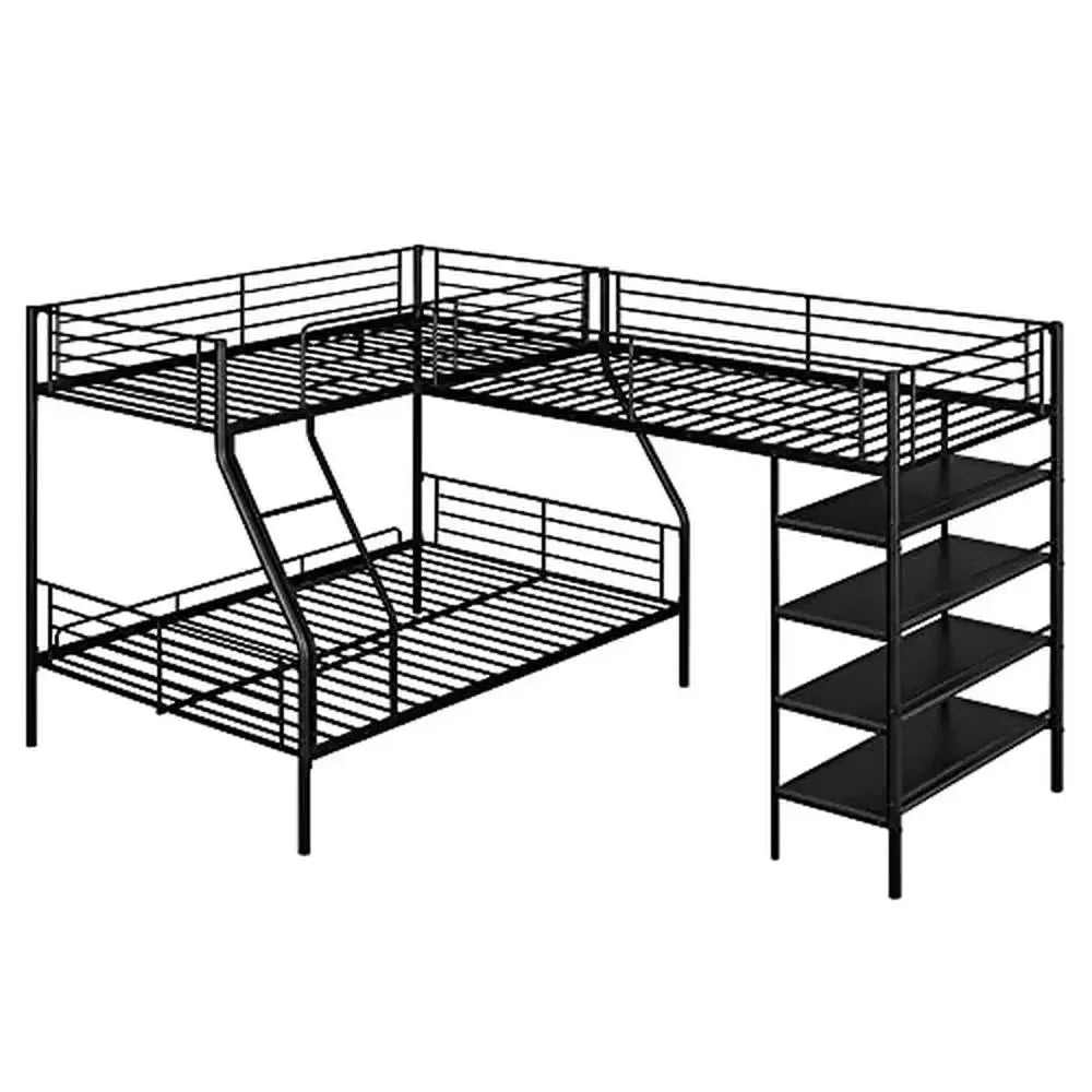 L-Shaped Metal Corner Bunk Bed w/Loft, Twin Over Full No Box Spring Needed 117.2"L x 77.5"W x 62.9"H