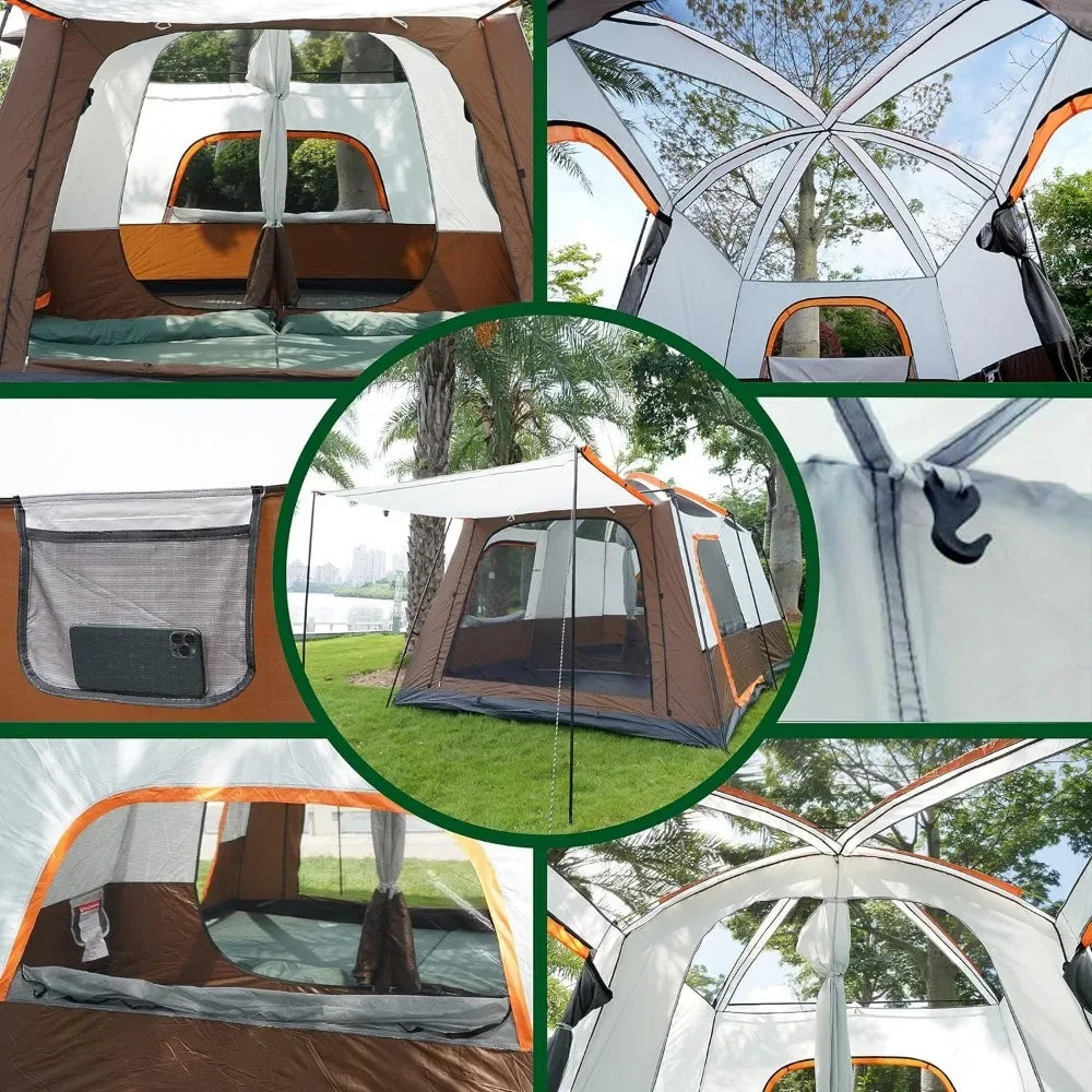 12 Person Camping Tent, 2 Rooms, 3 Doors and 3 Windows with Mesh, Waterproof Double Layer Big Tent