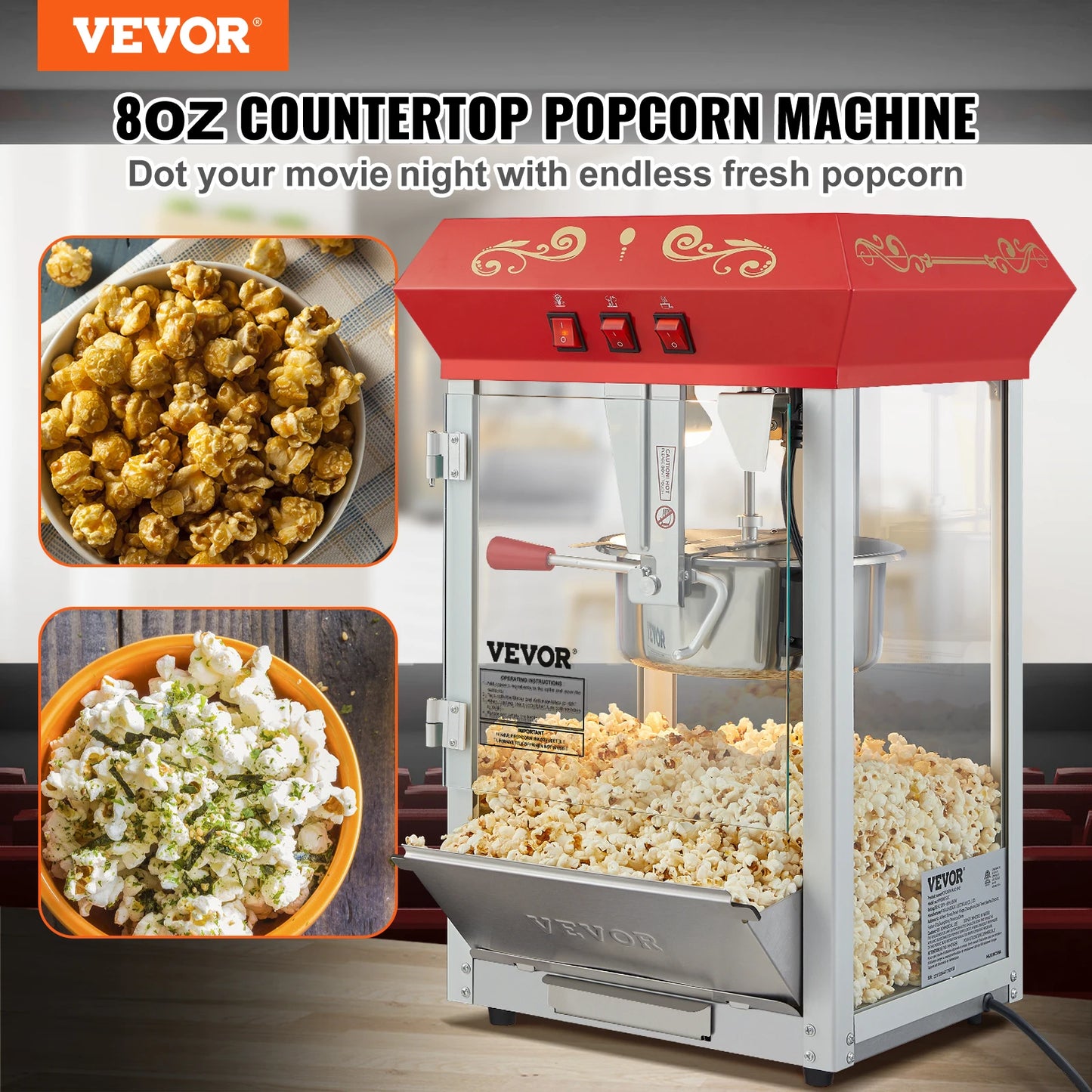 VEVOR Commercial Popcorn Machine, 8/12 Oz Kettle, Countertop,Theater Style Popper w/ 3-Switch, Red