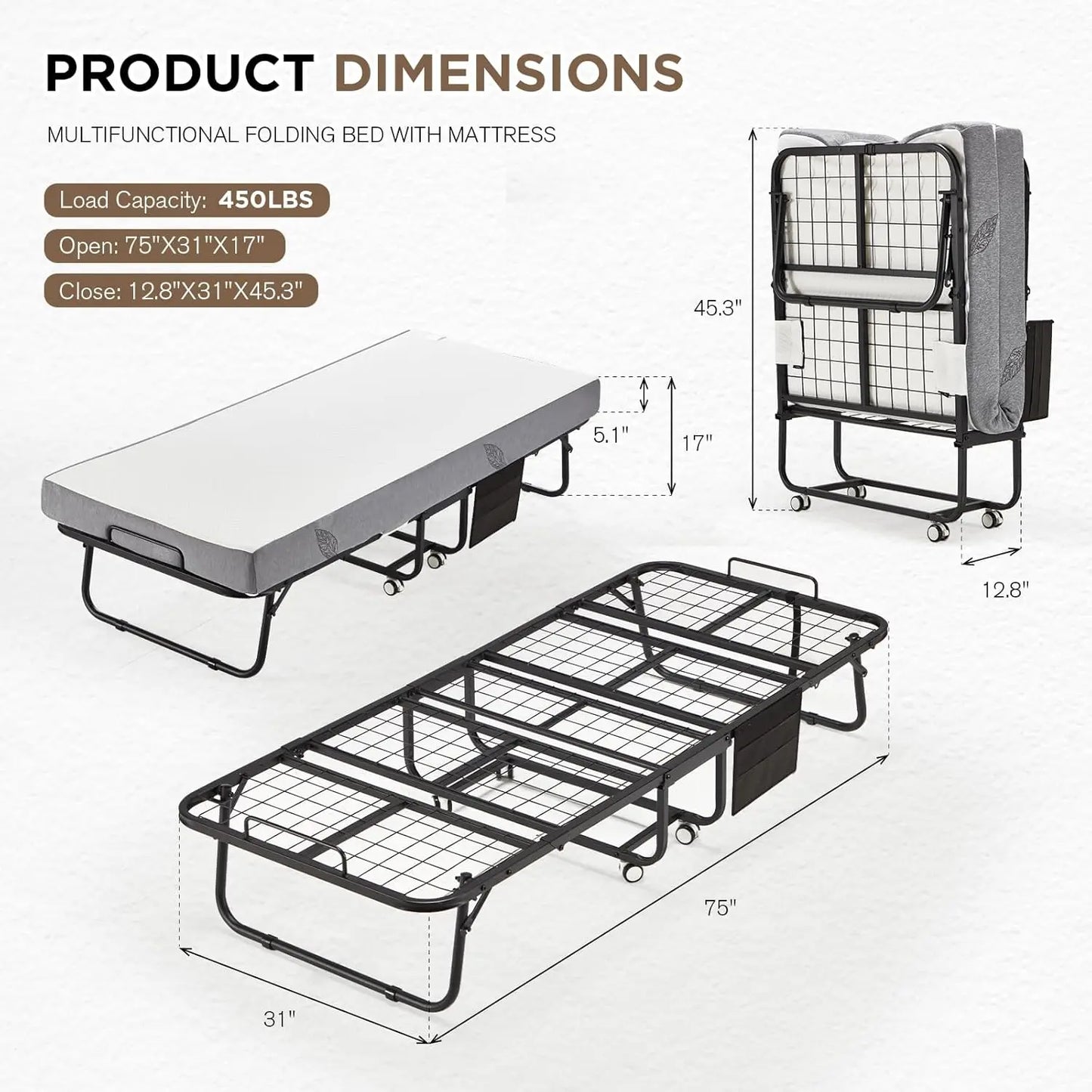 Single Cot Size Folding Bed w/ Mattress,Portable Rollaway Guest Bed with 5 Inch Foam Mattress