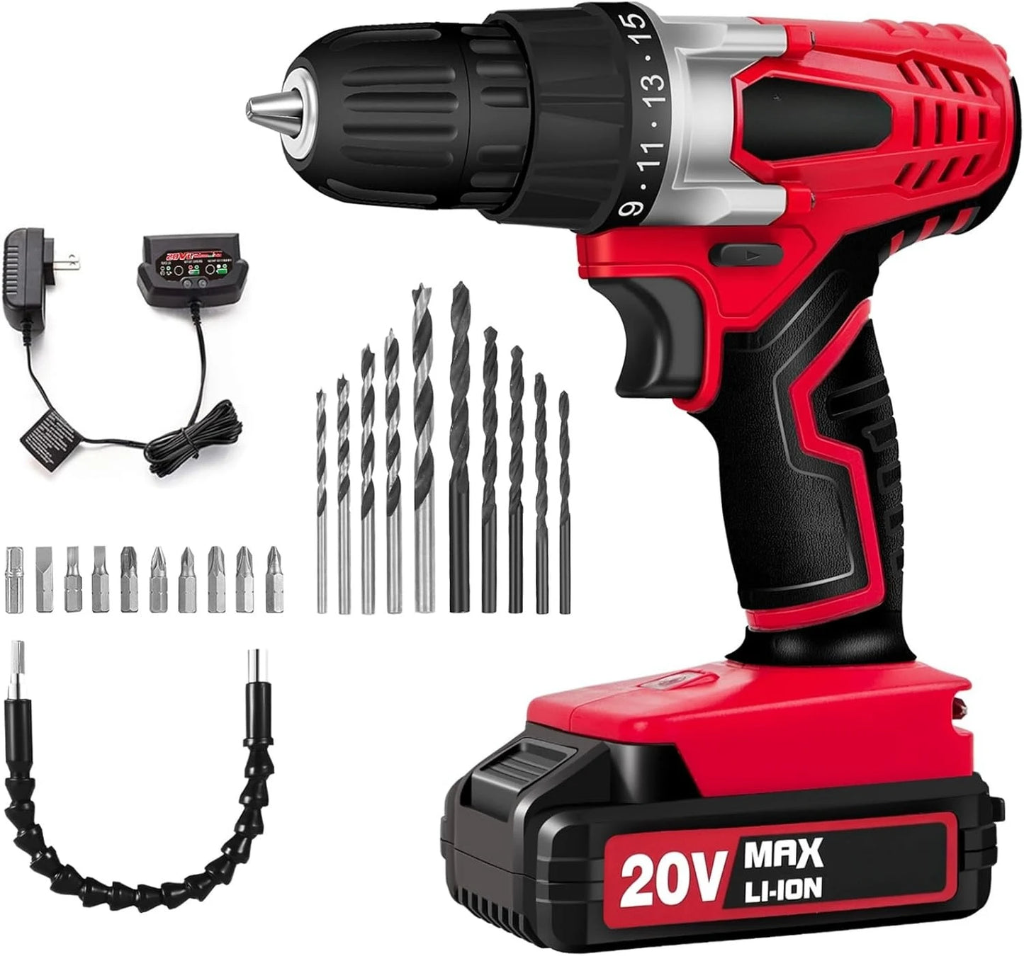 20V MAX Lithium ion Cordless Drill Set, Power Drill Kit w/Battery & Charger, 3/8-Inch Keyless Chuck