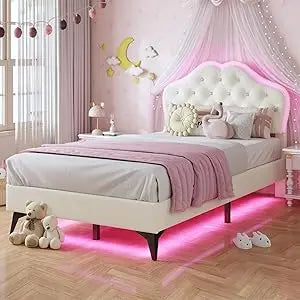Twin Size Girl Bed with Storage Drawer & LED Lights,Adjustable Headboard with Velvet Crystal Button
