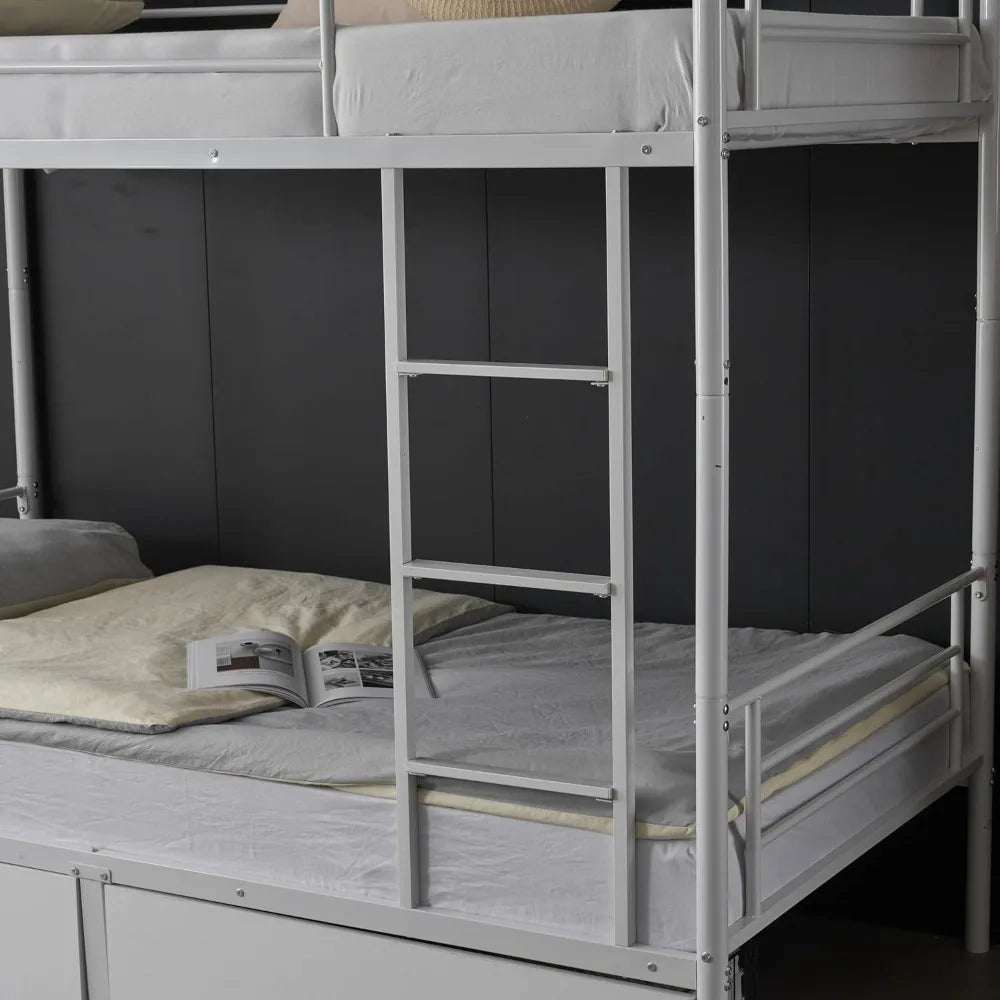 White Bunk Bed Twin Over Twin with 2 Storage Drawers, Metal Bunk Bed with Built-in Ladder